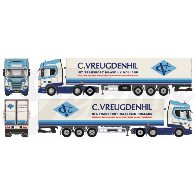 C Vreugdenhil Scania Next Gen R-Series Highline 6x2 with 3-Axle Refrigerated Trailer 1:50 Scale